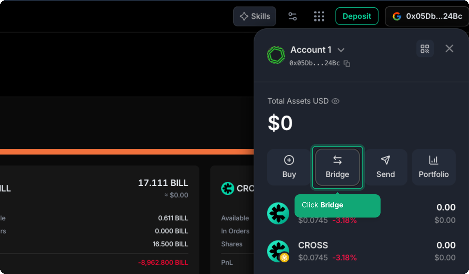 Wallet menu, Bridge