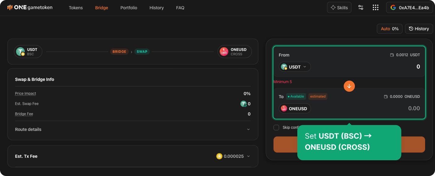 Bridge page: set source and destination